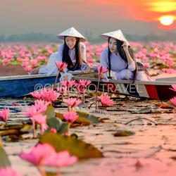 Asian girls in Vietnamese traditional dress on boats in Red Lotus Sea, Udon Thani, Thailand