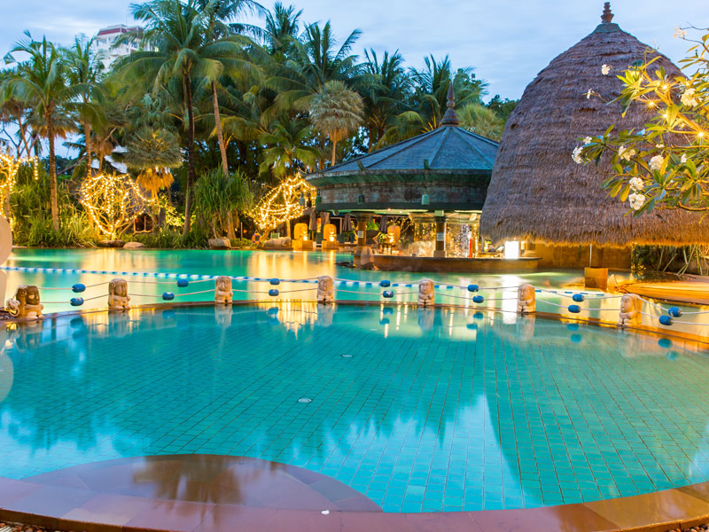 Luxurious hotel pool with stunning views in Bali, Indonesia