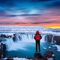 Godafoss Waterfall at Sunset in Winter, Iceland